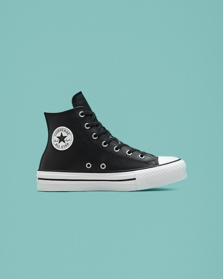 Boys\' Converse Chuck Taylor All Star Lift Leather High Top Platform Shoes Black / Beige White | AU 4108CW